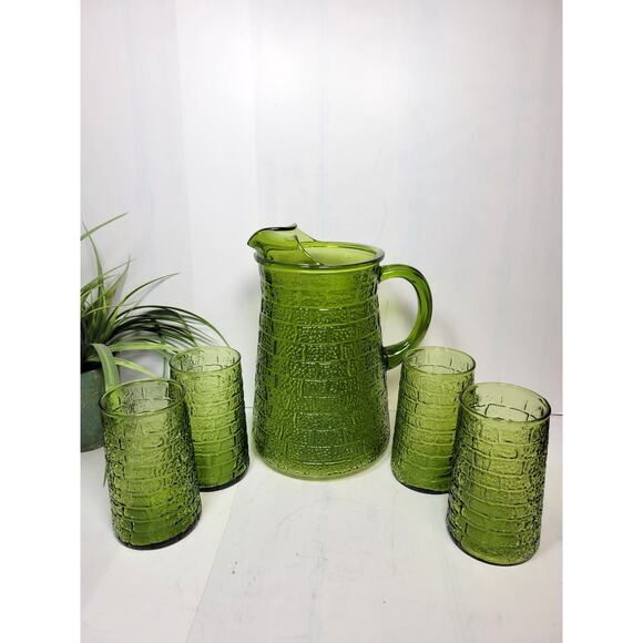 Vintage Bartlett Collins Brick Road Green Glass Pitcher & 4 Tumblers, MCM - Picture 1 of 6